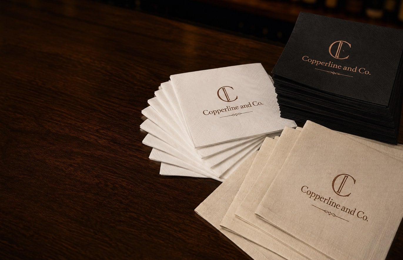 Custom printed cocktail napkins with logo on a bar top